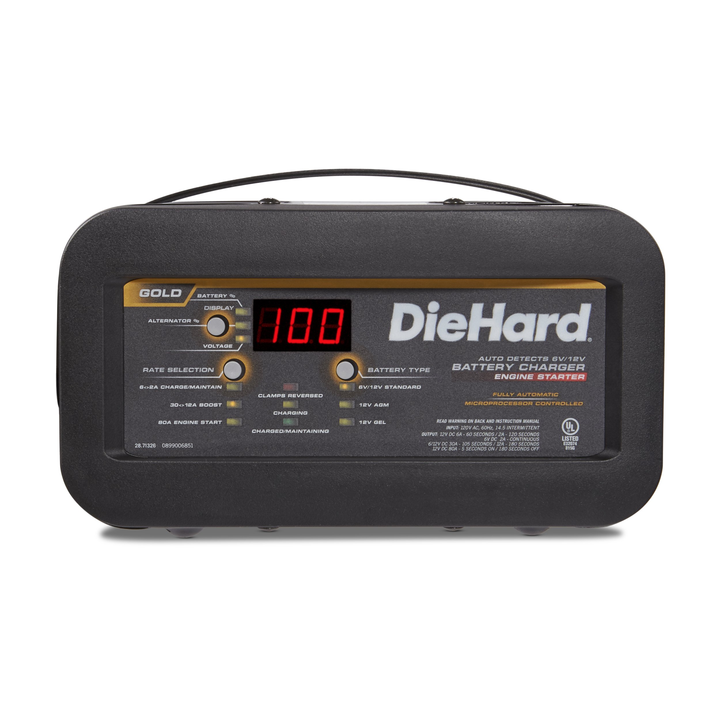DieHard 71326 6/12V Gold Shelf Smart Battery Charger & 12/80A Engine Starter - Fast Charging for Car, Truck, Motorcycle, Boat & Power Equipment - Perfect for Home Garage, Roadside Emergencies & Winter Maintenance