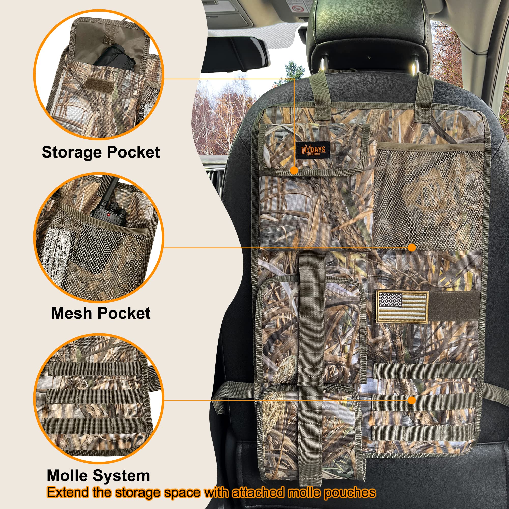MYDAYS 2 Pack Tactical Gun Organizer for Car Seats - Molle Panel Vehicle Storage for Hunting Rifles & Shotguns (Camo) - Perfect for Hunting Trips, Road Trips & Outdoor Adventures