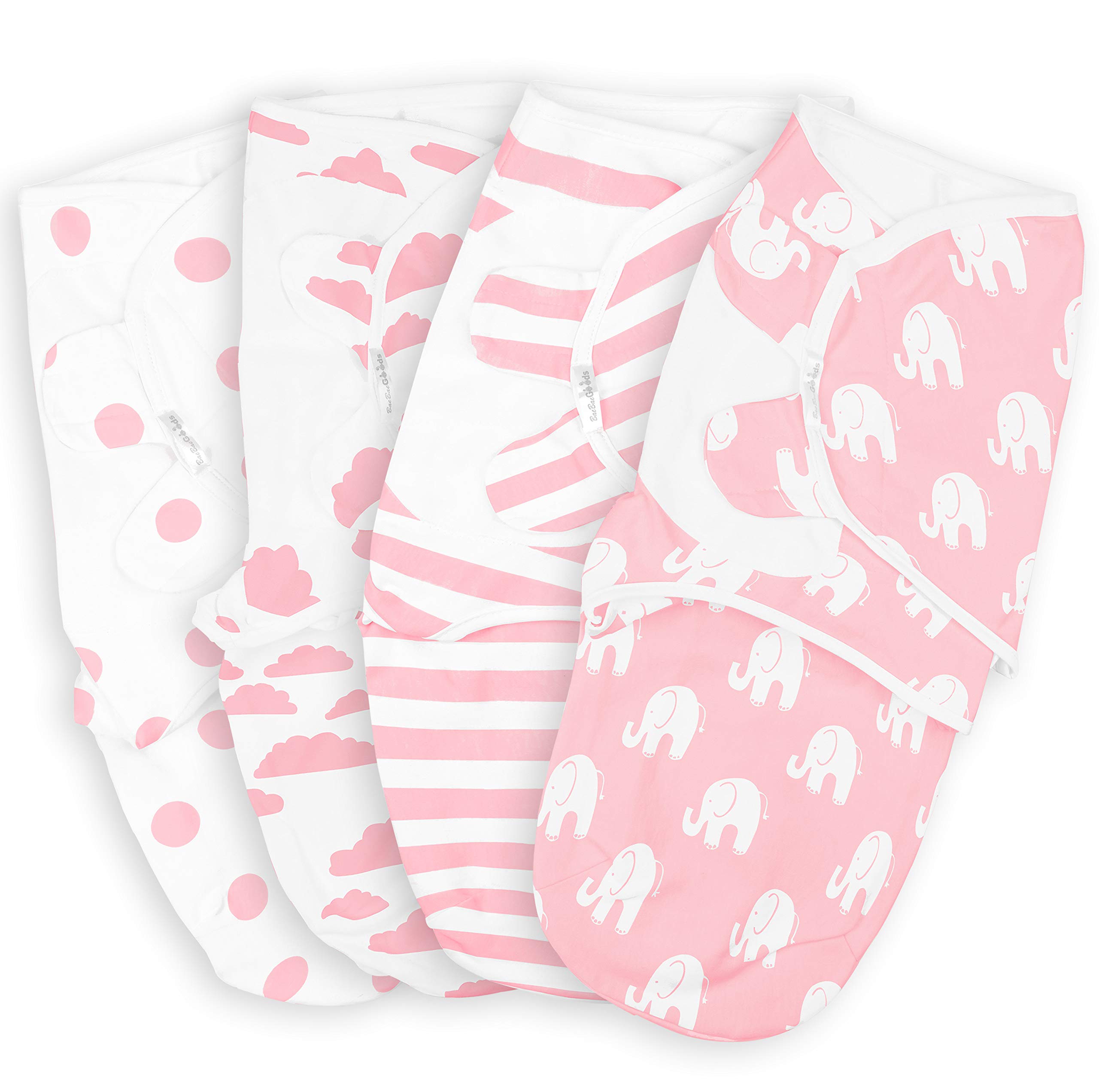 BaeBae Goods 4-Pack Adjustable Baby Swaddle Blankets - Soft Cotton Swaddling Wraps for Newborns, Infants (Boys & Girls) - Perfect for Sleeping, Swaddling & Comfort at Home or On-the-Go