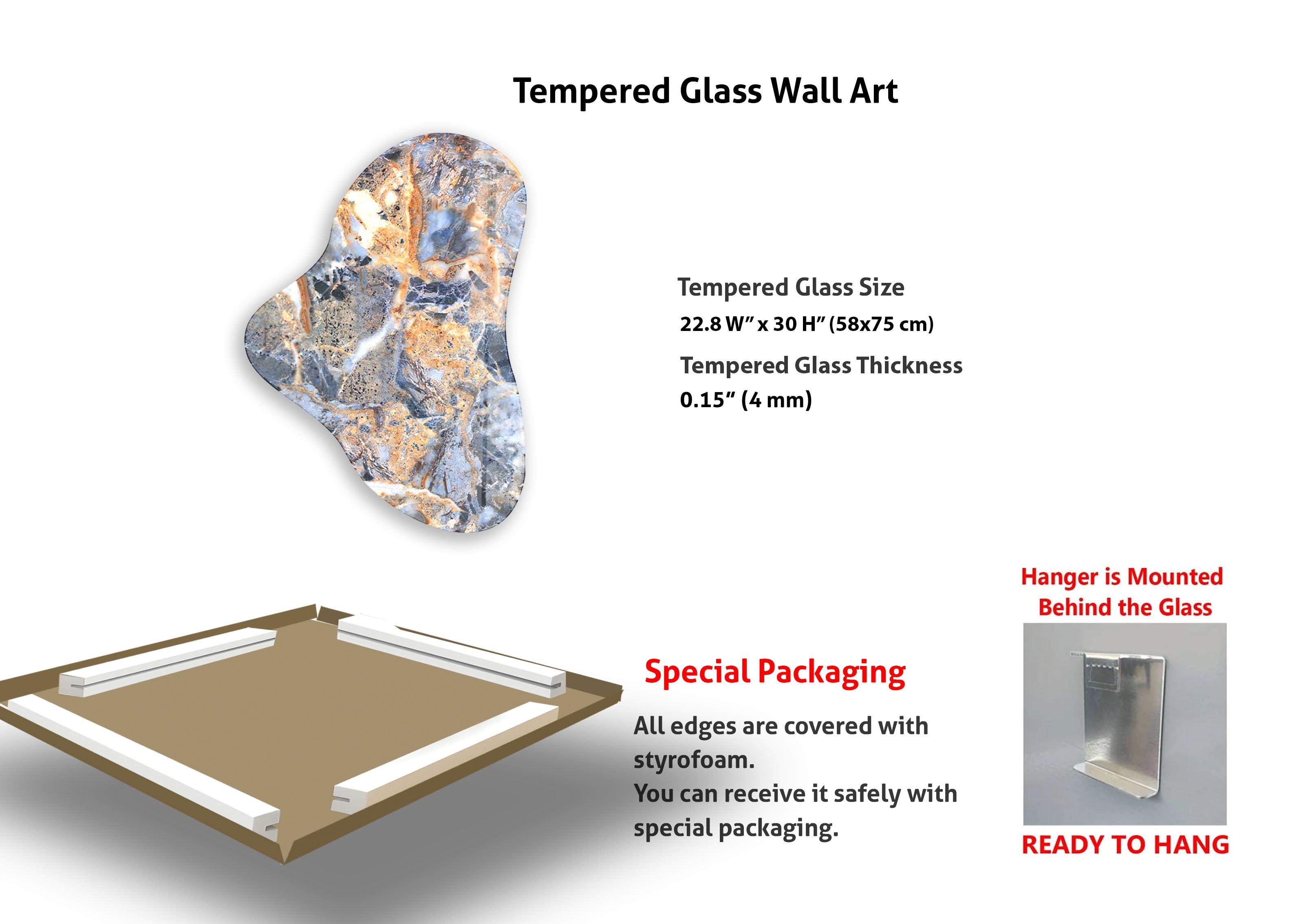 Blue Marble Pattern Asymmetric Glass Wall Art - Modern Abstract Home Decor for Living Room, Bedroom, Office - Handcrafted Glass Panel for Unique Interior Design Accent