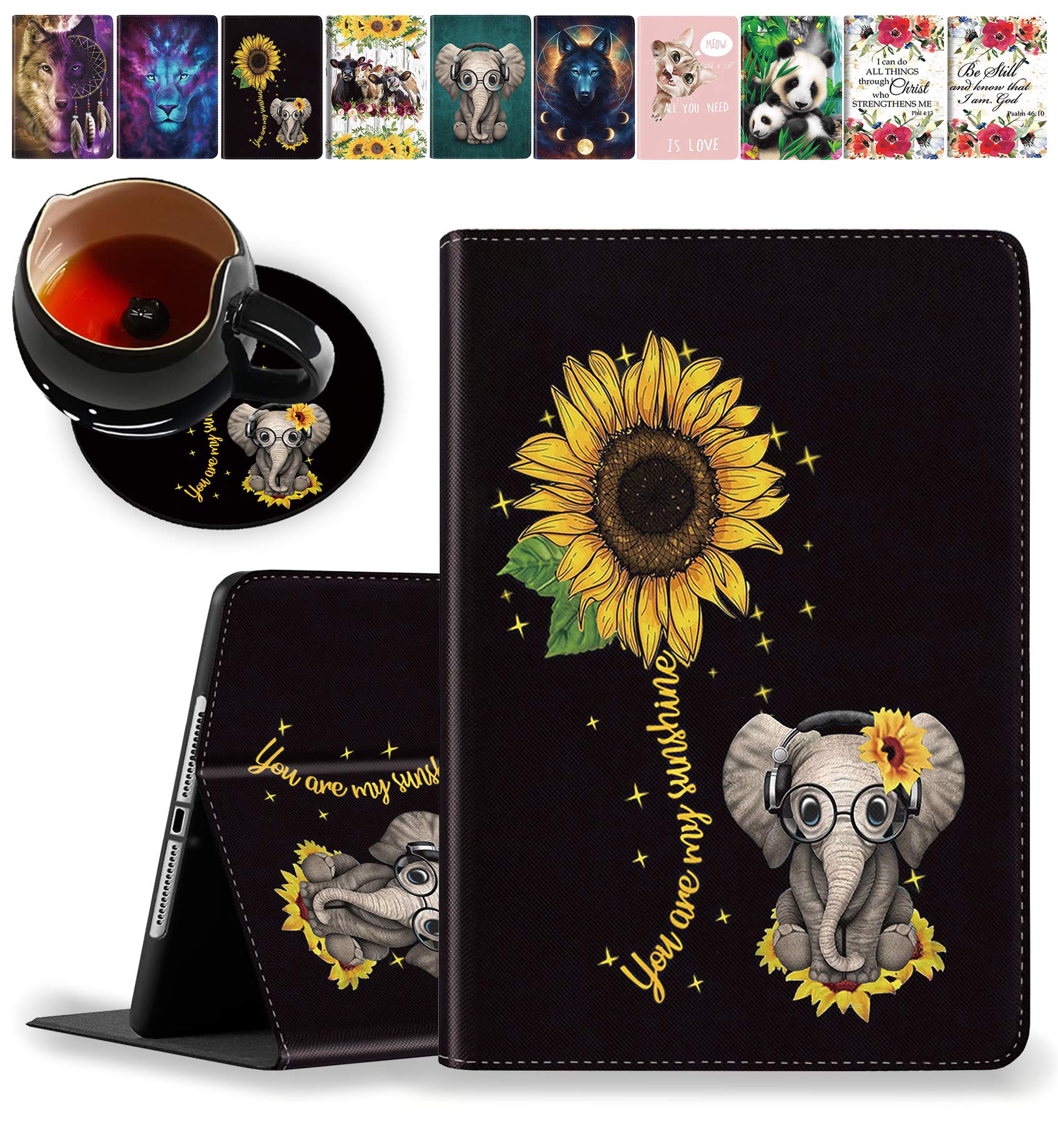 Premium iPad 9.7 Inch Case (5th/6th Gen, Air 2, Air) with Auto Sleep/Wake - Cute Sunflower & Elephant Design - Includes Coasters Set - Perfect for Work, School & Travel Protection