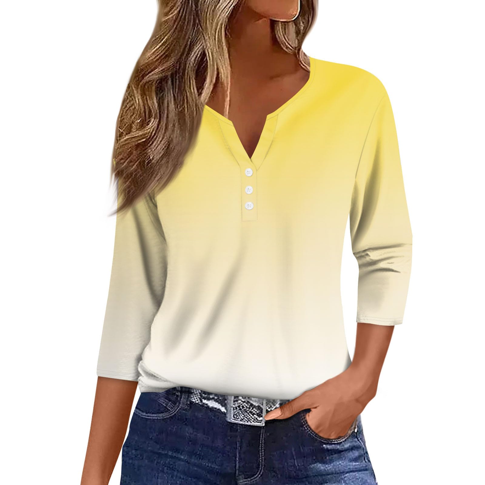 Women's Casual V-Neck Printed 3/4 Sleeve Button Down Shirt - Stylish Fashion Tops for Everyday Wear, Work & Outings