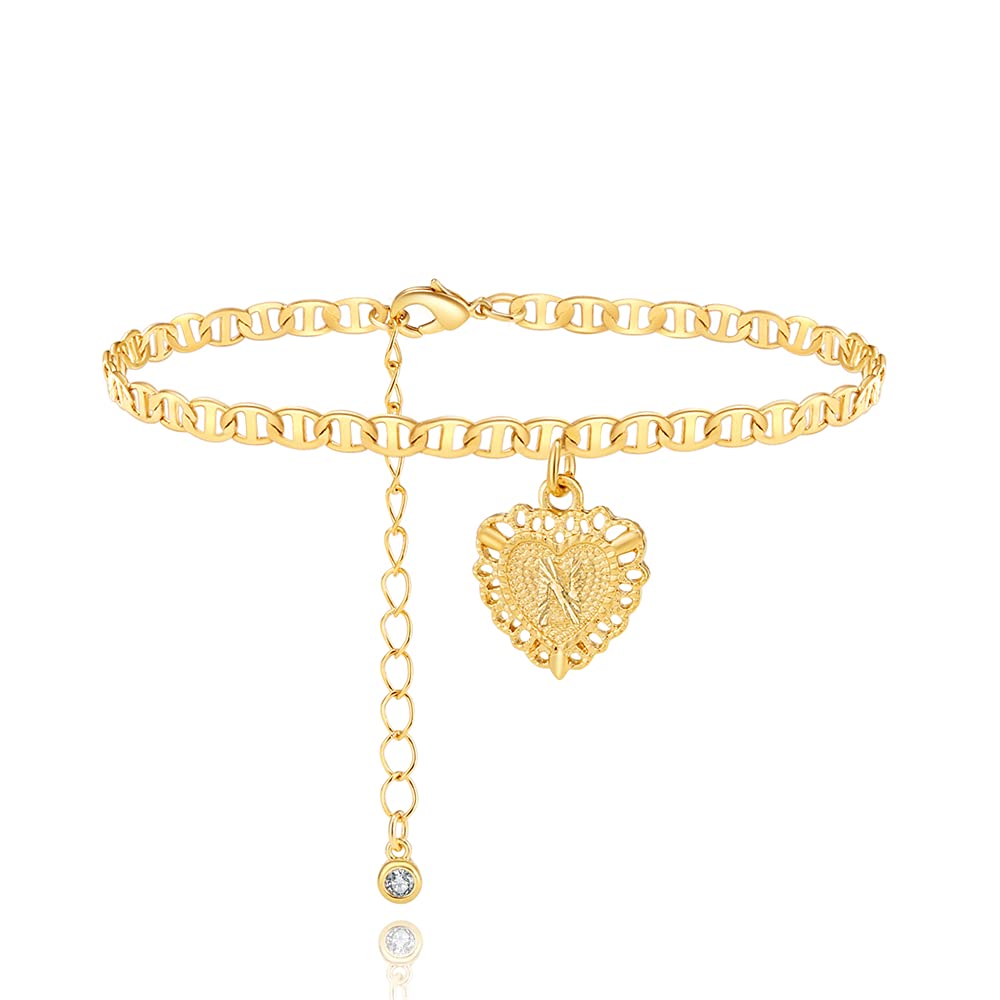 Women's Fashion Ankle Bracelets - Gold Mariner Chain Anklet with Heart Initials, Summer Jewelry for Girls | Perfect for Beach Outfits, Casual Wear & Gifts