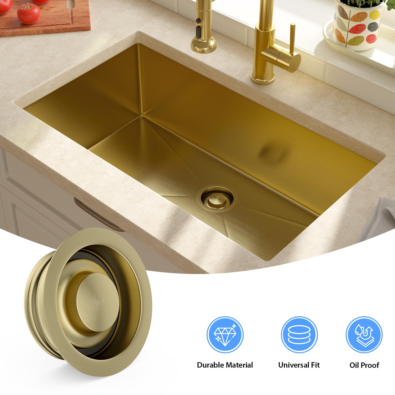 Lordear Gold Sink Flange for Garbage Disposal Set - Stainless Steel Strainer Flange Stopper Fits 3-1/2 Inch Standard Sink Drain Hole - Replacement Sink Flange Accessories for Kitchen & Bathroom Renovation