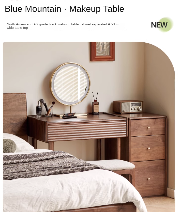 Premium Black Walnut Solid Wood Dressing Table Set with Mirror - Elegant Vanity Desk for Bedroom, Makeup & Beauty Organization