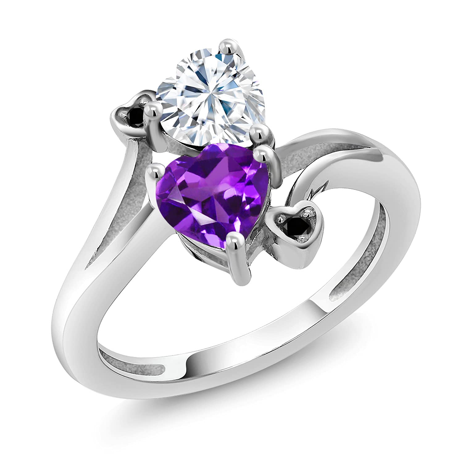 1.63 Cttw Heart-Shaped 925 Sterling Silver Diamond Ring with GHI Created Moissanite & Amethyst - Elegant Jewelry for Engagement, Anniversary & Special Occasions | Gem Stone King