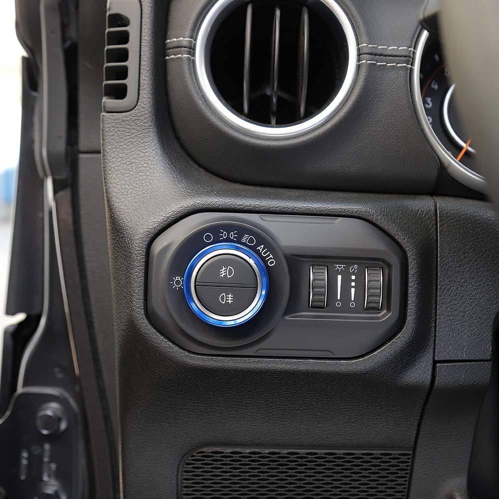 Jeep Wrangler JL 2018 Car Headlight Switch Knob Frame Ring Cover Trim - Blue Interior Accessories for Dashboard Customization | Perfect for Off-Roading & Night Driving Upgrades