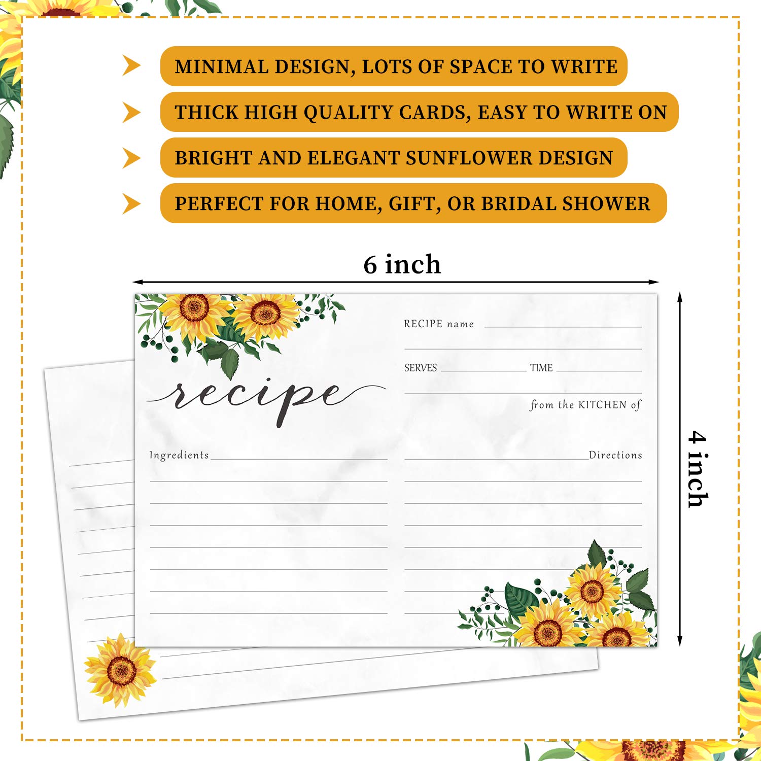 Sunflower Recipe Cards - Floral Double-Sided Kitchen Recipe Cards for Cooking & Baking - Perfect for Weddings, Bridal Showers & Home Organization (50-Pack)