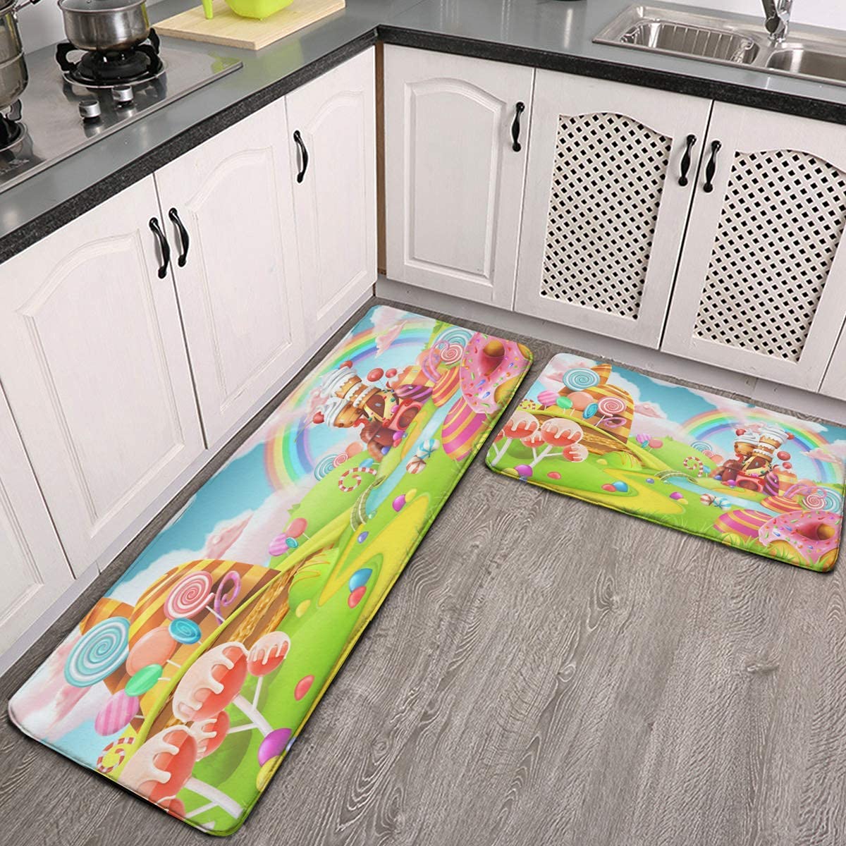 2 Pack Cartoon Sweet Candy Land Castle Rainbow Non-Slip Kitchen Rugs - Anti-Fatigue Cushioned Floor Mats, Water Absorbent & Washable for Kitchen, Dining Room, Laundry Room - Perfect for Home Decor & Comfort Underfoot While Cooking