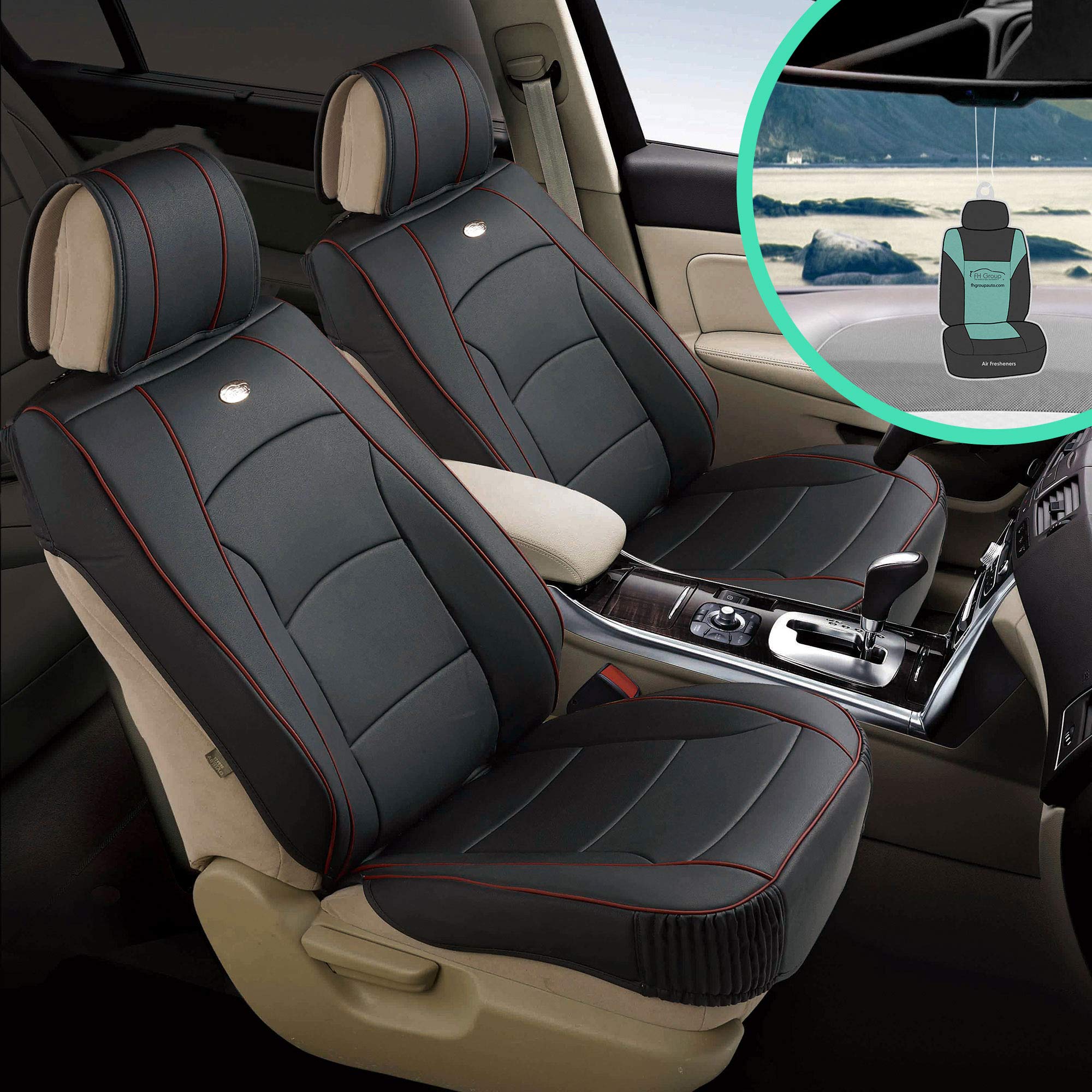Premium FH Group Car Seat Covers - Universal Fit for Cars, Trucks & SUVs | Black with Red Trim | Ultra Comfort Deluxe Leatherette | Waterproof & Durable | Perfect for Daily Commute, Road Trips & Family Travel