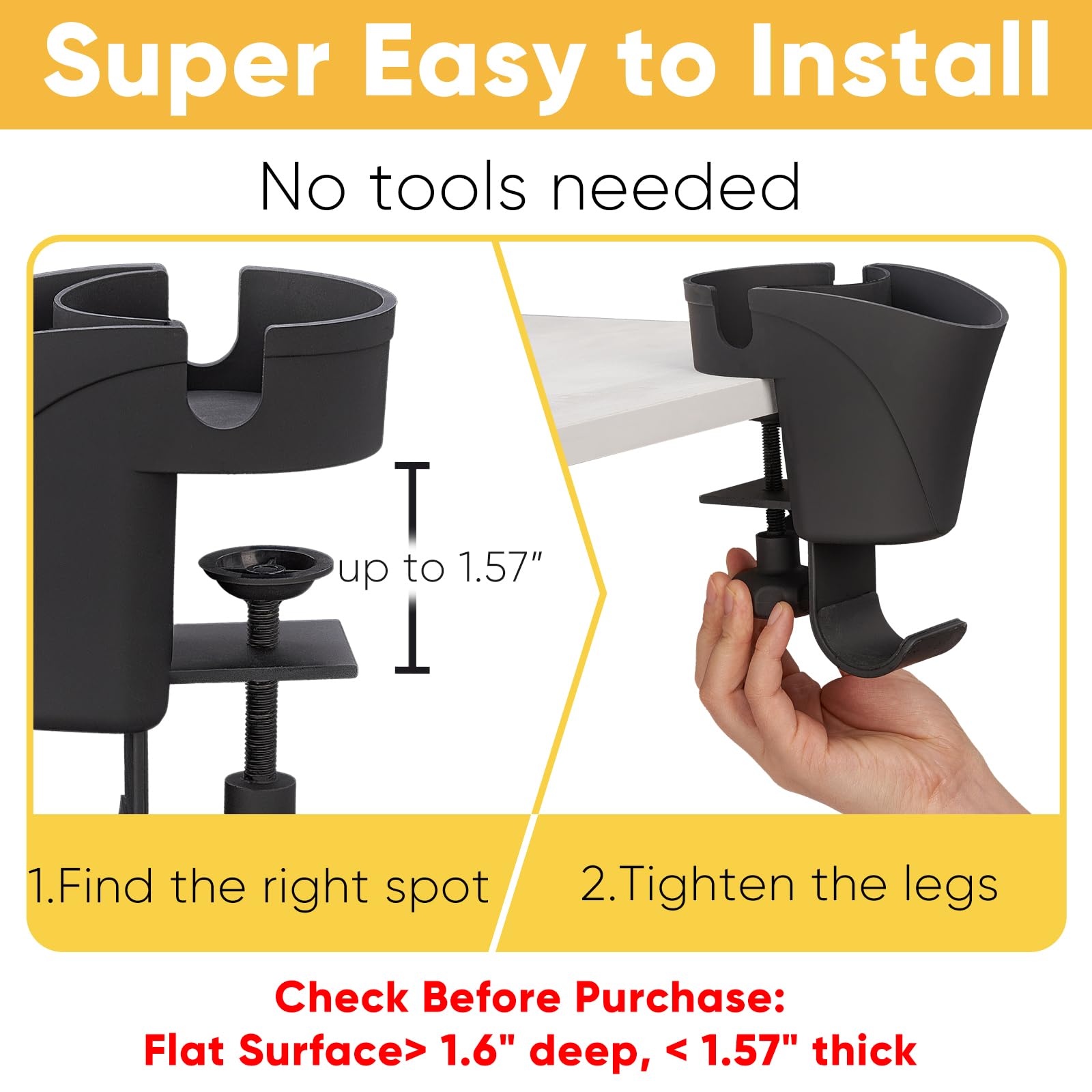 3 in 1 Clip On Cup Holder for Gaming Desk, Salon Chair & Bedside - ABS Plastic Black Organizer for Coffee, Water Bottles, Drinks, Headphones & Pens | Perfect for Gamers, Office & Home Use