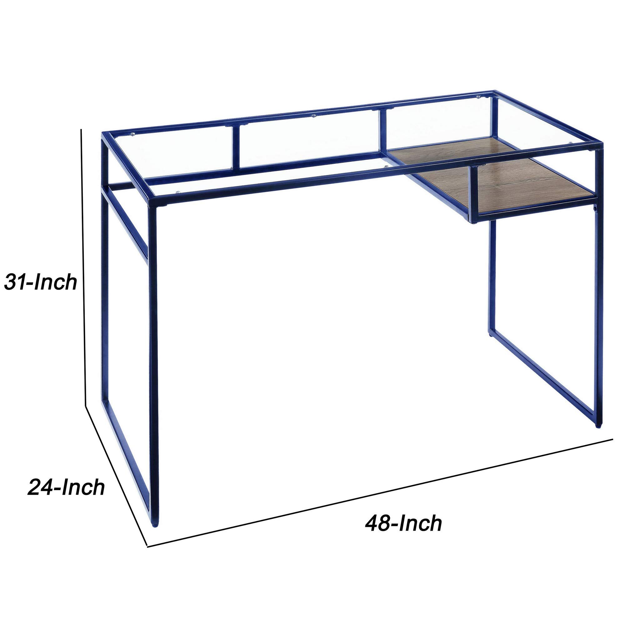Benjara Modern Rectangular Glass Top Desk with Open Storage Compartment & Sturdy Sled Base - Blue Home Office Desk for Small Spaces & Contemporary Workspaces