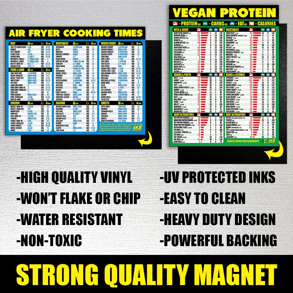 Air Fryer Cooking Times & Vegan Protein Magnetic Cheat Sheet Bundle - XL Easy Read Kitchen Reference Guide for Healthy Cooking | Perfect for Vegan Meal Prep & Air Fryer Recipes