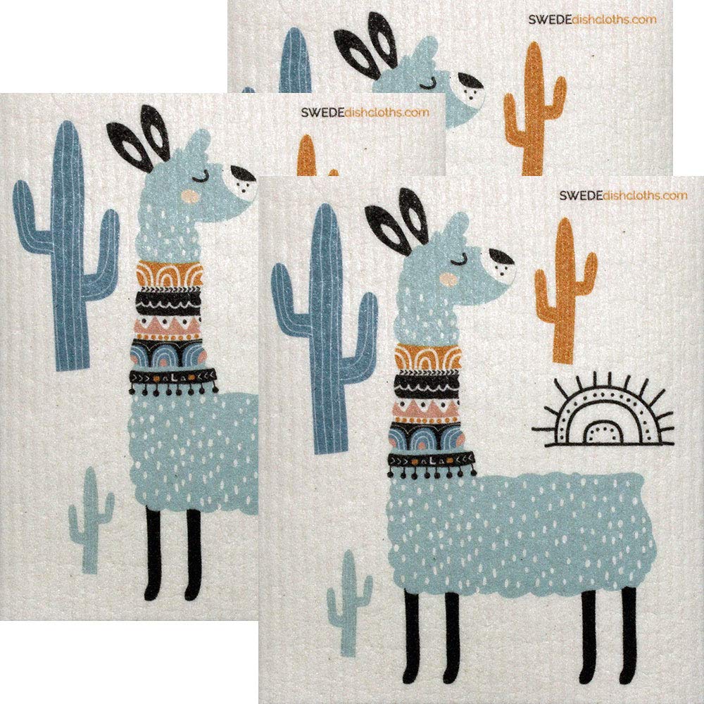 Eco-Friendly Cellulose Sponge Dish Towels - Set of 3 Reusable Turquoise Llama Swedish Dish Cloths for Kitchen Cleaning, Washing Dishes & Countertops