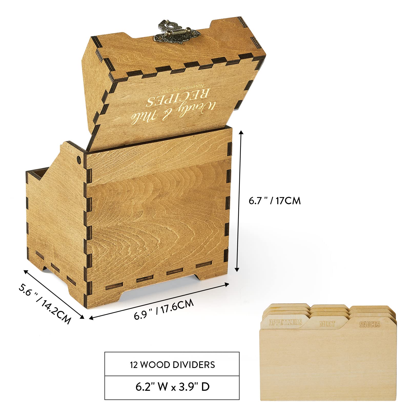 Personalized Wooden Recipe Box for 4x6 Cards - Engraved Recipe Organizer with 12 Dividers | Wedding, Birthday & Bridal Shower Gift | Perfect for Kitchen Organization & Family Recipe Storage | DK2201CPP12