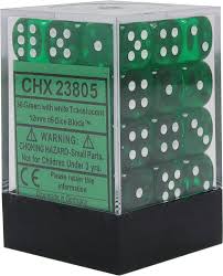 Chessex 36-Pack Green with White Translucent 12mm Pipped D6 Dice Set - Perfect for Dungeons & Dragons, Board Games, and Tabletop RPGs
