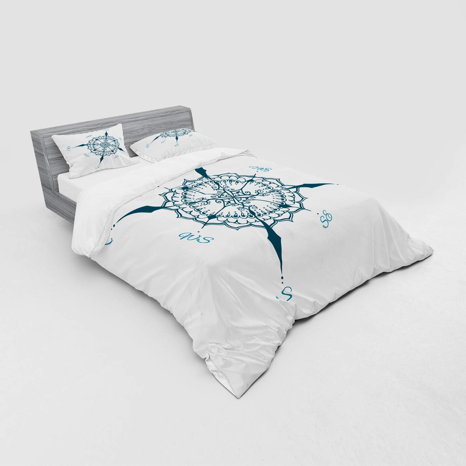 Ambesonne Compass Duvet Cover Set - Hand Drawn Windrose Floral Design, Nautical Theme 4-Piece Bedding Set with Shams & Fitted Sheet, Queen Size, Cream & Dark Green - Perfect for Coastal Bedrooms, Guest Rooms & Boat Enthusiasts