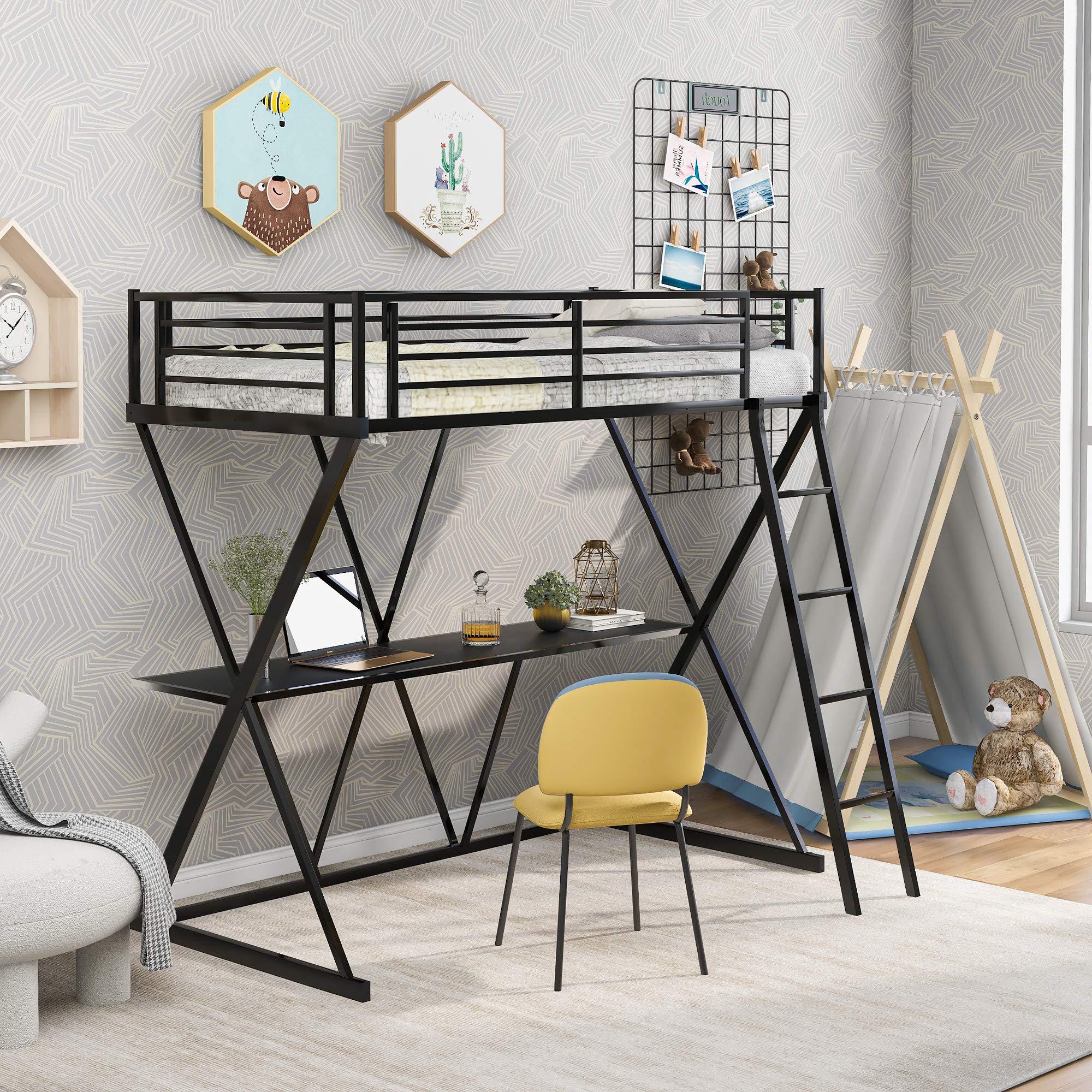 **Twin Steel Loft Bed for Kids & Teens - Sturdy X-Shaped Frame with Built-in Desk, Angled Ladder & Full-Length Guardrails - No Box Spring Needed (Black) - Perfect for Small Bedrooms, Dorms & Space-Saving Kids' Rooms**