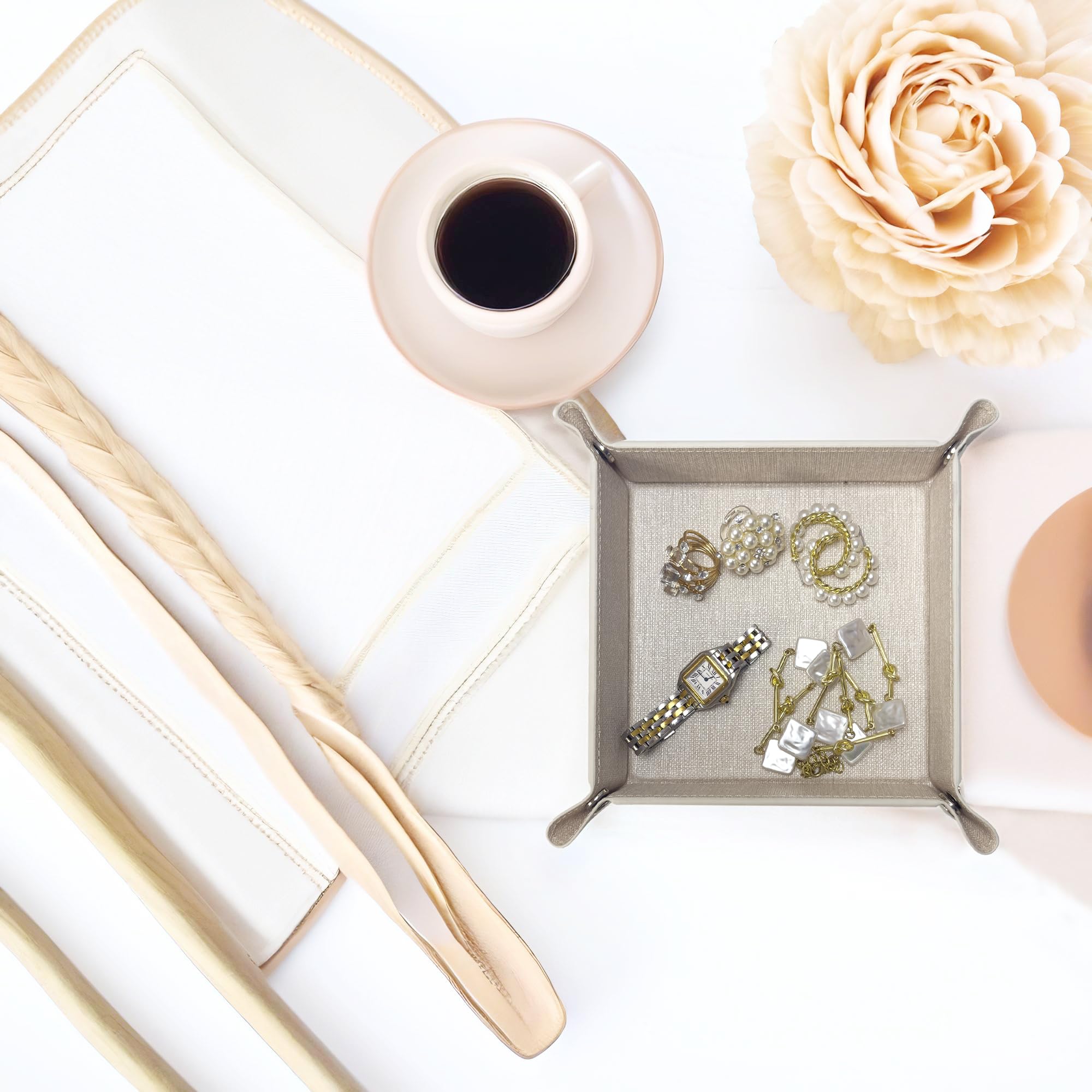 UnionBasic Valet Tray - Jewelry Organizer for Rings, Watches & Earrings | Entryway Catchall for Keys, Coins & Change | Nightstand & Bedside Organizer | Electronic Gadgets Tray | Beige | Perfect for Home Decor & Gift Giving