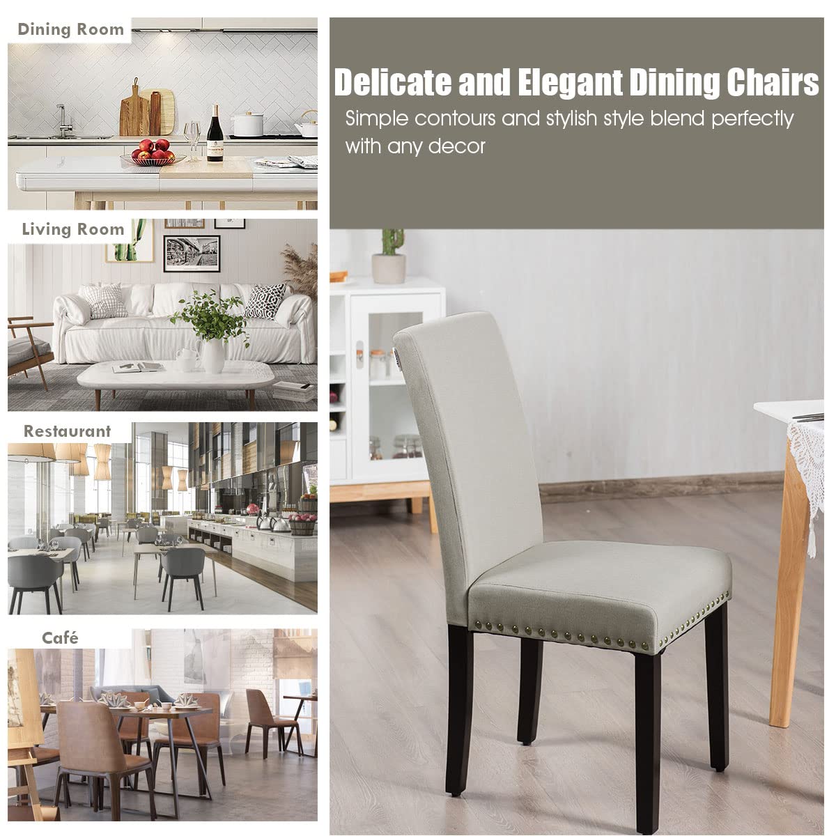 KOTEK Set of 2 Modern Upholstered Armless Dining Chairs with Rubber Wood Legs & Nailhead Trim - High Back Parsons Chairs for Kitchen, Dining Room, Living Room - Perfect for Small Spaces & Entertaining Guests (Beige)