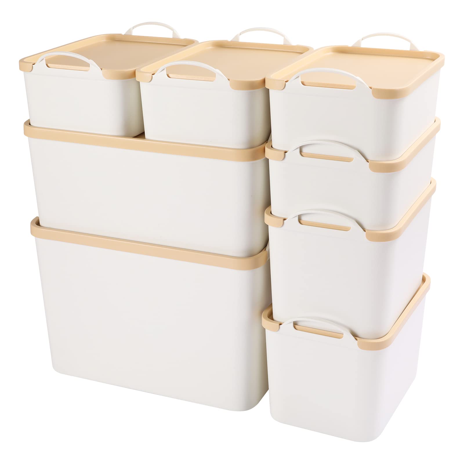 ANMINY 8-Piece Plastic Storage Bins Set with Lids - Large White Organizing Containers for Closet, Shelves, Drawers & Home Office - Durable Stackable Storage Boxes with Wheat-Colored Lids - Perfect for Pantry Organization, Toy Storage & Craft Supplies
