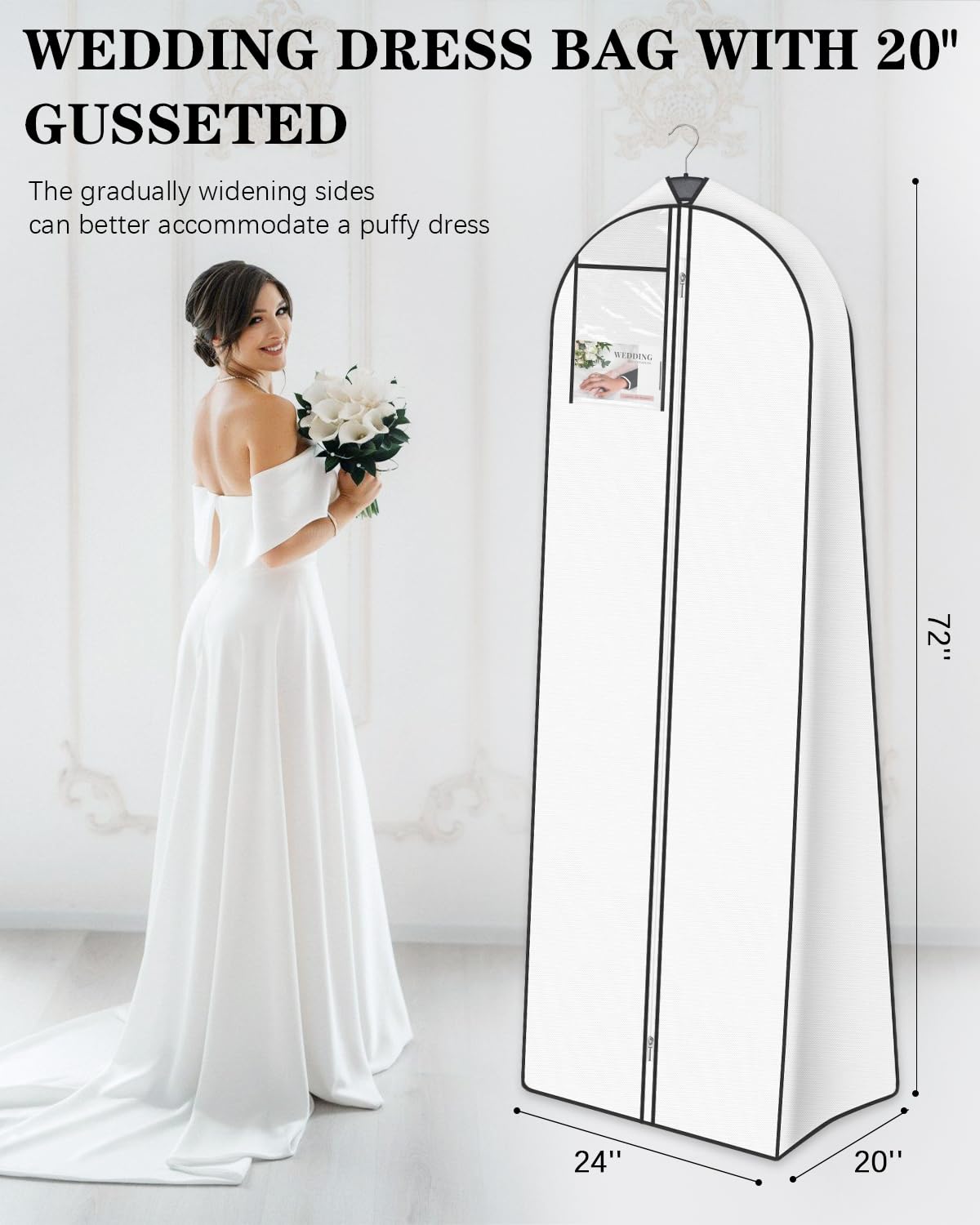 Lzerking 72'' Wedding Dress Garment Bag with 20'' Gusseted Expansion & Accessories Pouch - Breathable Long Gown Storage Cover for Bridal Dresses, Formal Wear, Travel & Closet Organization
