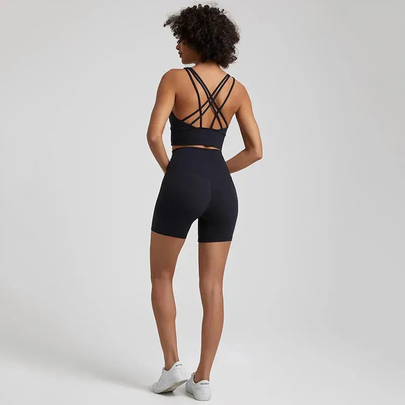Buttery Soft 2-Piece Nylon Yoga Shorts Set for Women - High Waist Workout Clothes & Push Up Sports Bra - Perfect for Gym, Yoga & Running