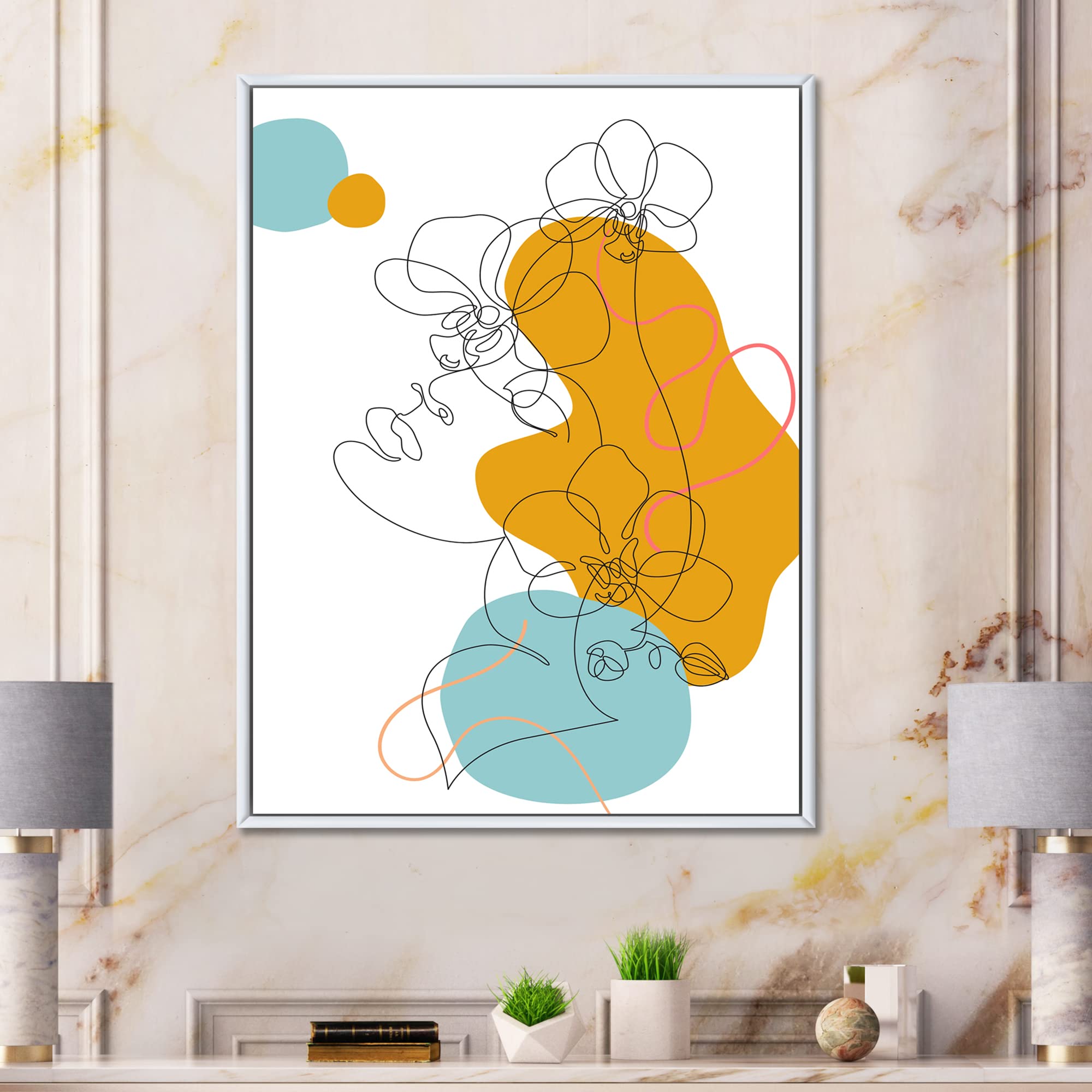 Modern One Line Drawing Framed Canvas Wall Art - Beautiful Woman Portrait for Home & Office Decor | Living Room, Bedroom, Dining Room Wall Decor