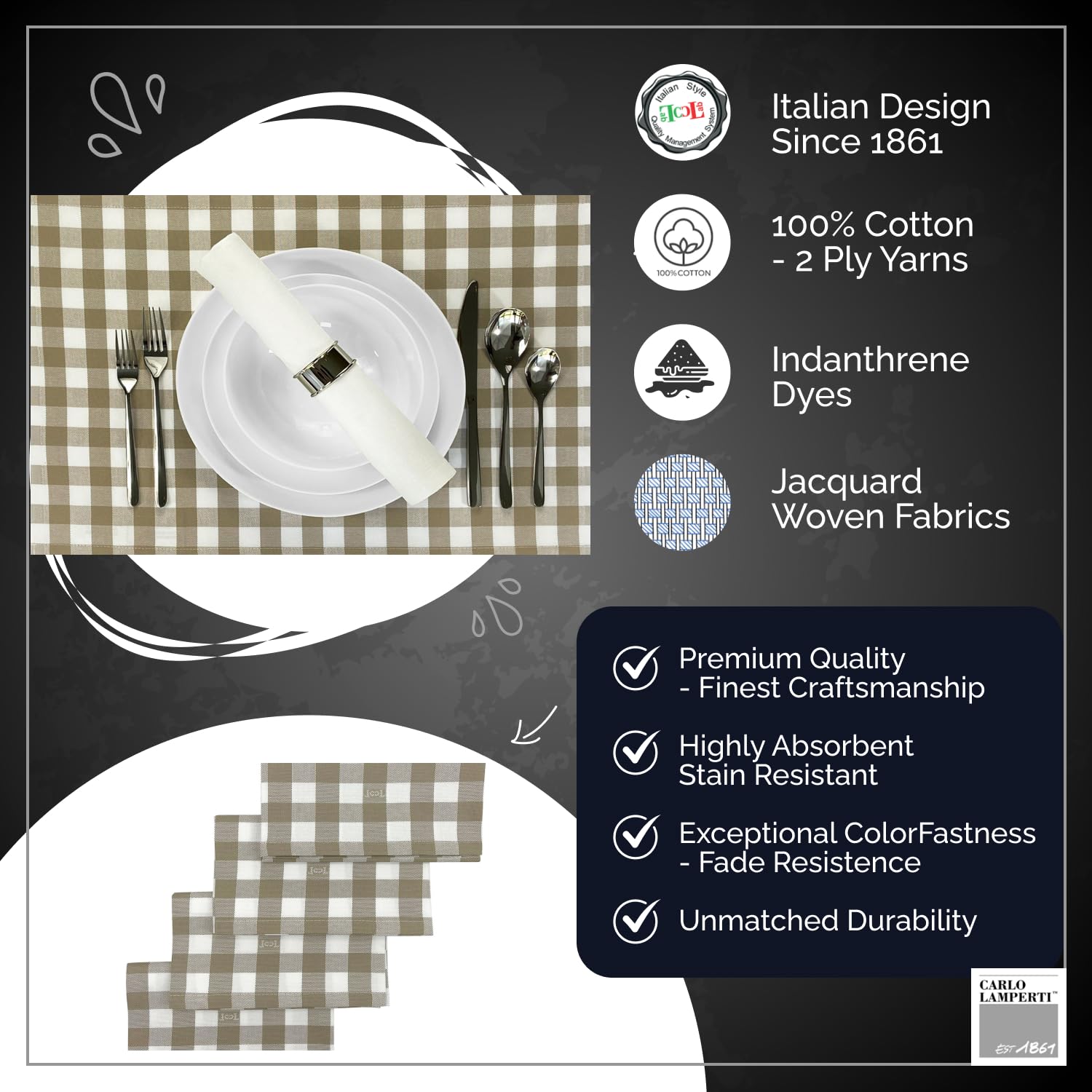 Premium Gingham Check Table Placemats Set of 4 - 100% Cotton Taupe Plaid Dining Mats 20