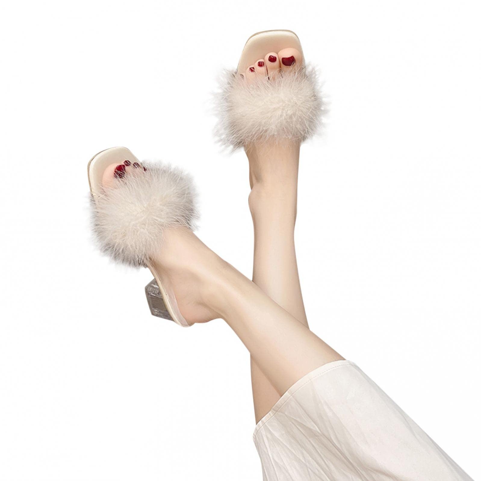 Women's Fluffy Kitten Heels Sandals - Square Open Toe Fur Mule Slides with Chunky Block Heel for Office, Party & Business | Elegant Mid Heel Slip On Shoes for Ladies - Perfect for Work, Date Night & Special Occasions