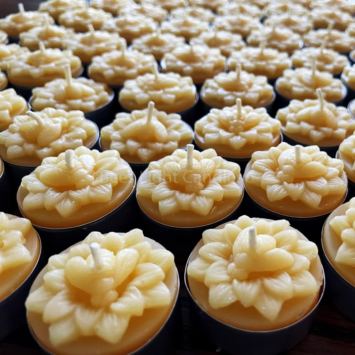 Natural Beeswax Tealight Candles with Honeybee Flower Design - 200 Pack Bulk All-Natural Beeswax Tea Lights for Home Decor, Wedding Centerpieces, Aromatherapy & Relaxation
