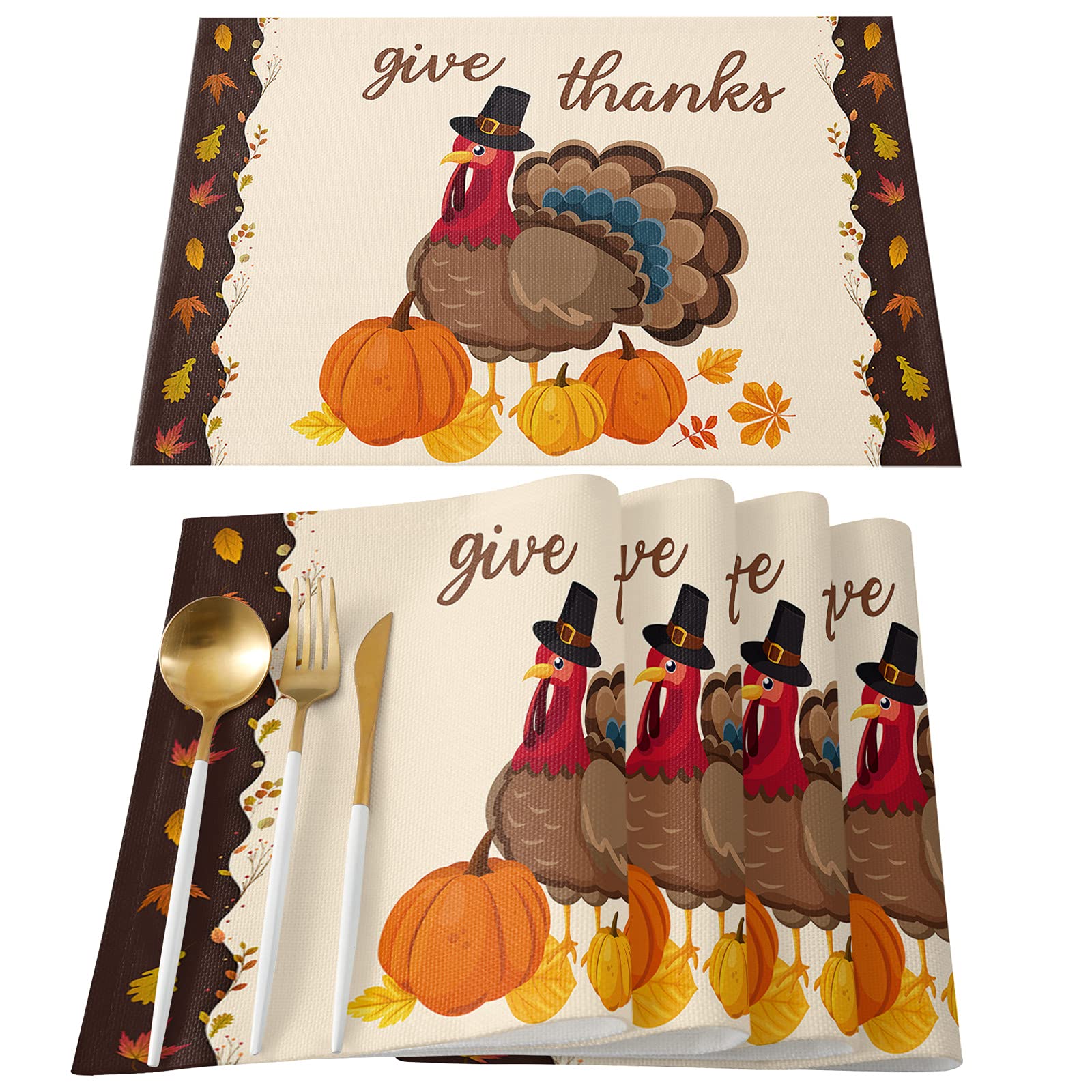 6-Pack Cotton Linen Thanksgiving Placemats Set - Burlap Waterproof Table Mats with Turkey Pumpkin Design for Dining Table Decor, Easy Clean Dog-Friendly Place Settings (Perfect for Holiday Dinners & Family Gatherings)