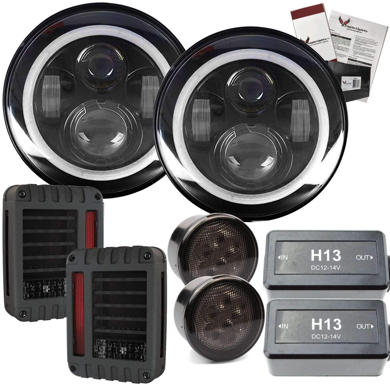 Eagle Lights 7 LED Headlight Kit for Jeep Wrangler & Gladiator - White LED Halo Rings, High Brightness, Plug & Play - Double Pack - Perfect for Off-Roading & Night Driving