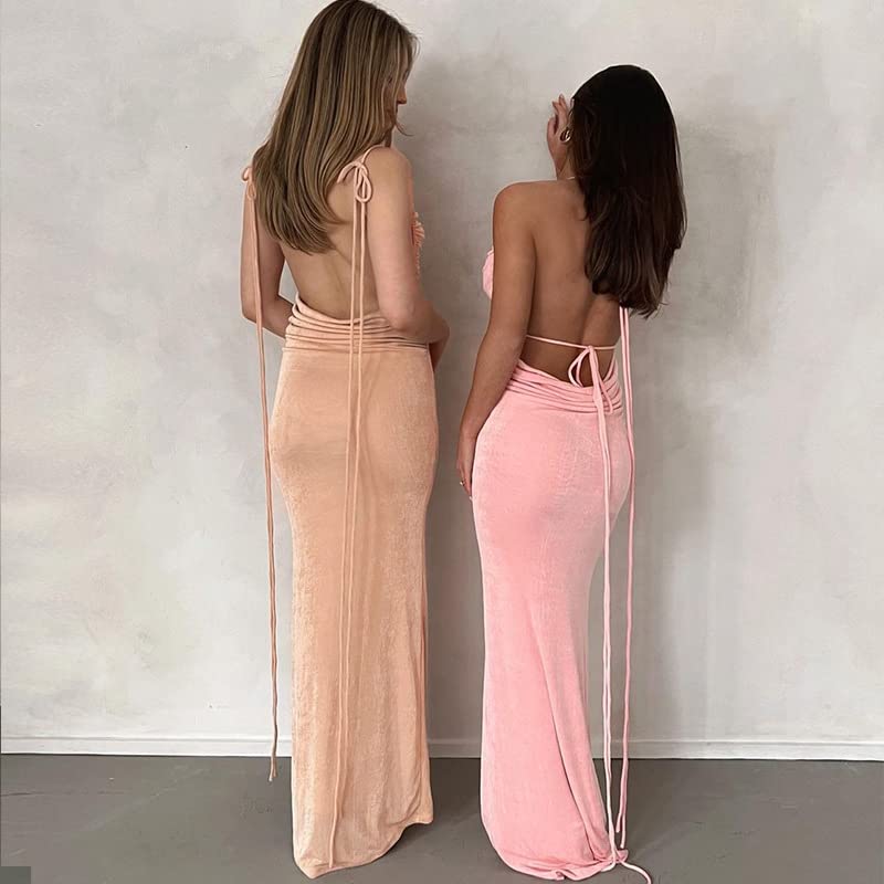 Sexy Backless Maxi Dress for Women - Lace Up Spaghetti Strap Summer Cocktail Party Dress | Elegant Draped Long Dress for Night Out, Beach Wedding & Special Occasions