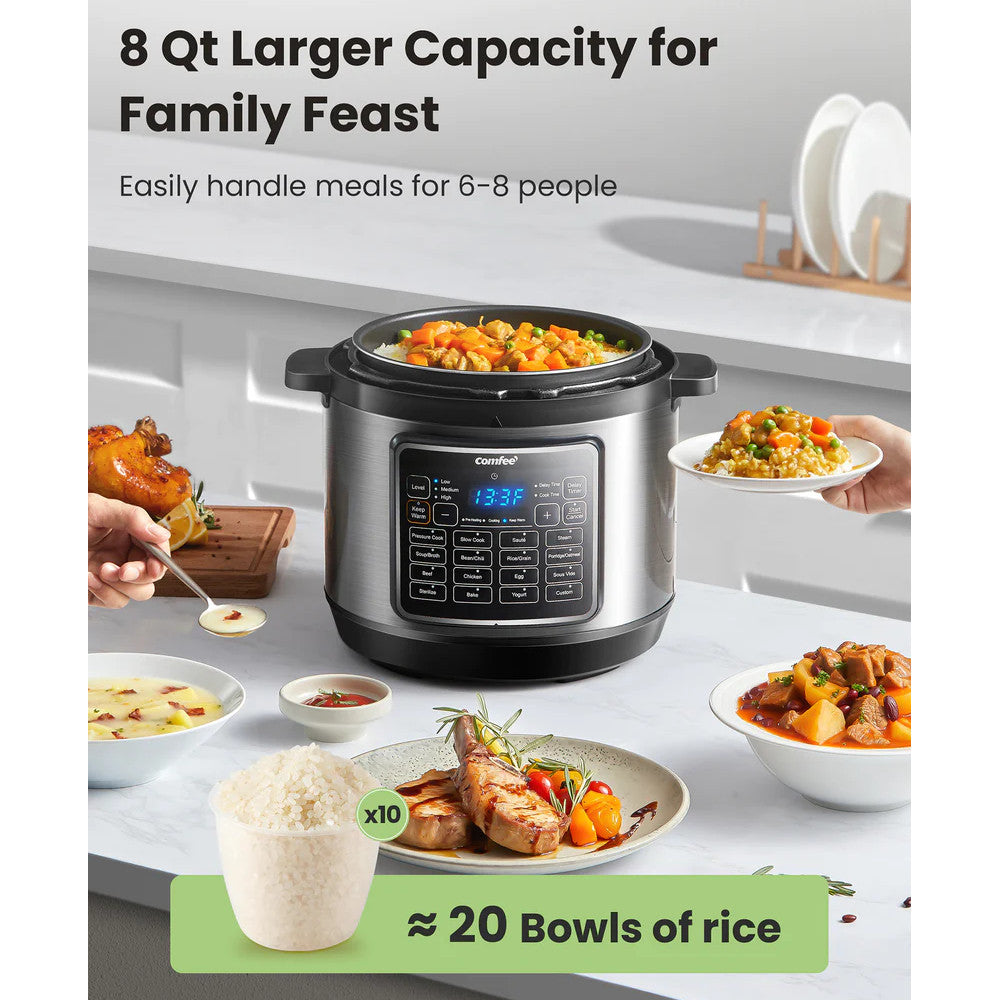 COMFEE CPC80D7ASB 8 Quart Electric Pressure Cooker with 10-in-1 Functions - Fast & Safe Cooking for Family Meals, Soups, Rice & More (Blemished Packaging with Full Warranty) - Perfect for Home Kitchens, Meal Prep & Busy Families