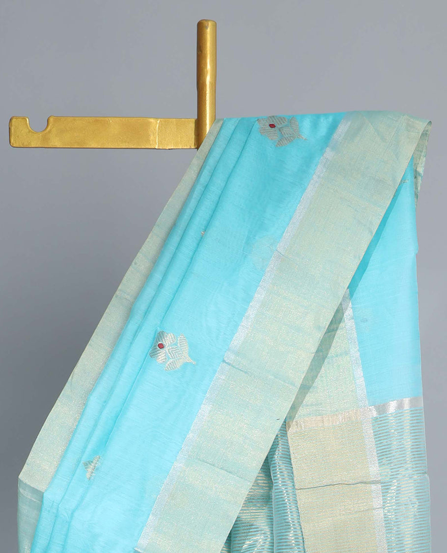 Blue Chanderi Cotton Saree with Floral Buttas, Plain Border & Striped Palu - Elegant Indian Traditional Wear for Weddings, Festivals & Special Occasions