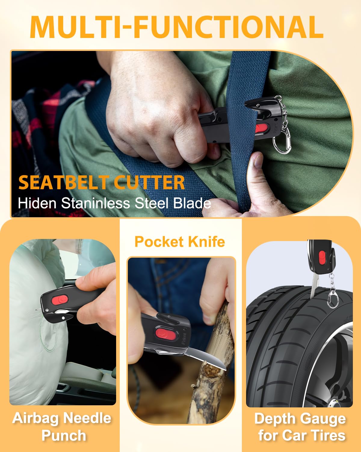 4-in-1 Car Safety Tools Kit with Window Breaker & Seatbelt Cutter - Emergency Escape Tool for Men & Women | Perfect Stocking Stuffer, Christmas Gift for Dad, Mom | Travel Essentials & Road Trip Safety Gear