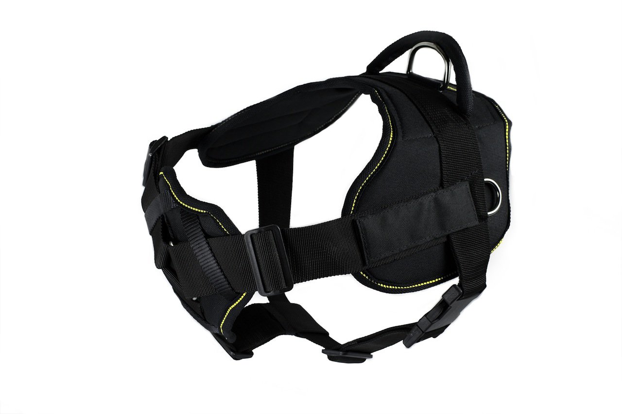 DT Fun Deaf Dog Harness with Padded Chest - Adjustable 22-27 Inch Girth, Small Black/Yellow - Perfect for Hearing Impaired Pets, Training & Outdoor Adventures