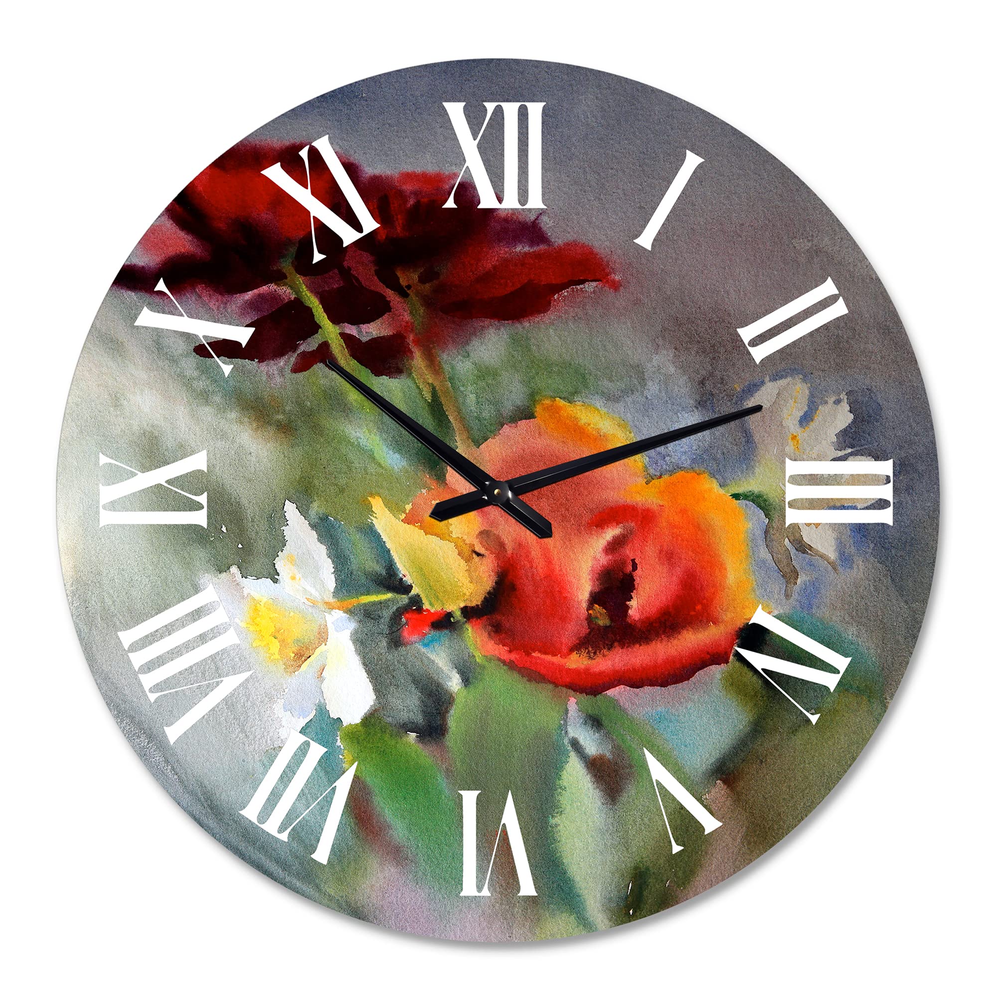 DesignQ Traditional Wall Clock 'Blossoming Vibrant Wildflowers' - Large Floral & Botanical Wall Clock for Home, Office, Living Room Decor - Perfect for Farmhouse, Bedroom, Kitchen, and Workspace