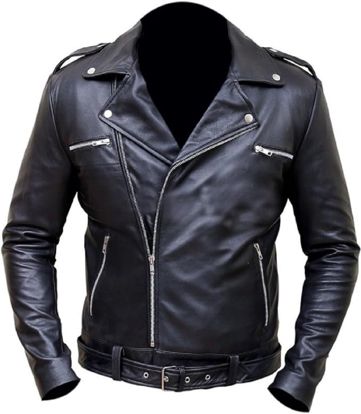 Jeffrey Dean Morgan Negan Black Leather Jacket - Walking Dead Inspired Highway Moto Belted Jacket for Men (XL) | Cosplay, Halloween Costume, TV Show Fan Gift