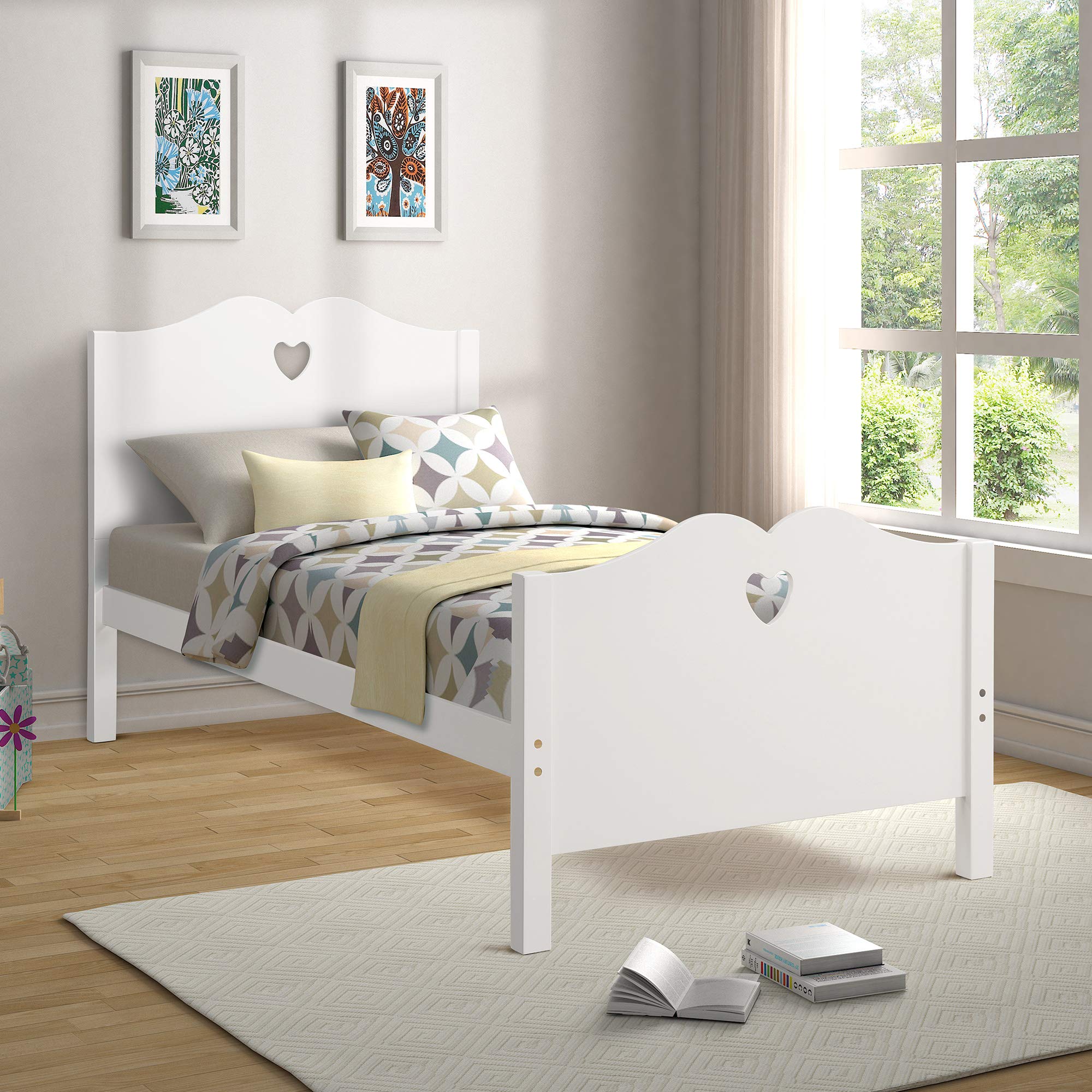 Harper&Bright Designs White Wood Platform Bed Frame with Headboard & Footboard - Twin Size, Wood Slat Support, Sturdy Mattress Foundation for Bedroom, Dorm, Hotel - Easy Assembly (Perfect for Small Spaces & Guest Rooms)