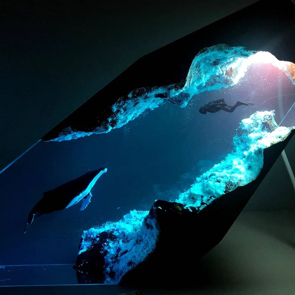 Kedejin Creative Epoxy Resin Wood LED Night Light - Large Diver & Humpback Whale Design, Deep Sea Cave Diving Theme - Perfect for Bedroom, Nursery, Home Decor and Gift Giving