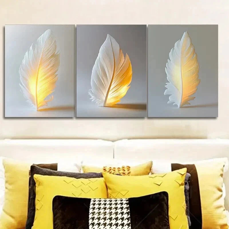 3-Piece Glow in the Dark Feather Wall Art Set - Framed Canvas 50x70cm (20x28in) - High Quality Australian Made Ready-to-Hang Home Decor for Living Room, Bedroom & Office