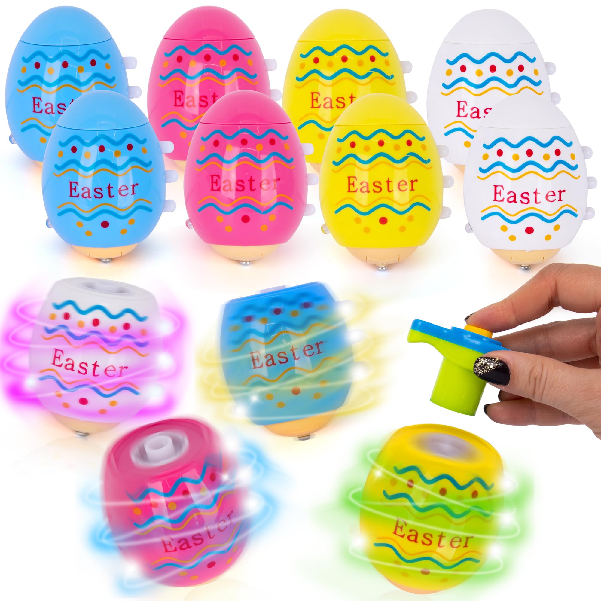 ArtCreativity 12 Pack LED Light Up Spinning Tops with Music - Easter Egg Toys for Kids - Fun Easter Basket Stuffers & Egg Hunt Prizes - Perfect for Easter Parties, Classroom Rewards & Birthday Goodie Bags