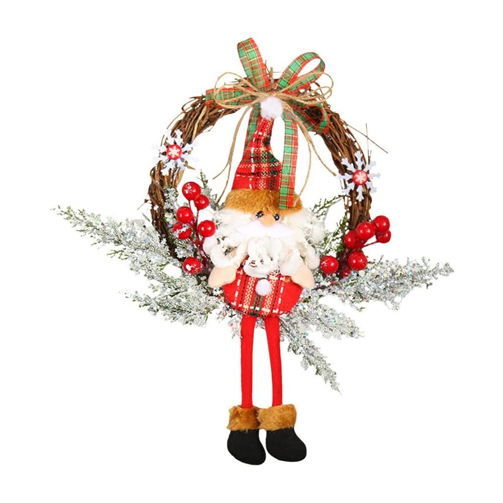 GANFANREN Christmas Wreath for Front Door - Santa Snowman Wooden Hanging Garland with Red Berries - 7.87 Inch Cute Holiday Decor for Indoor & Outdoor Use - Perfect for Home, Porch, and Holiday Party Decoration