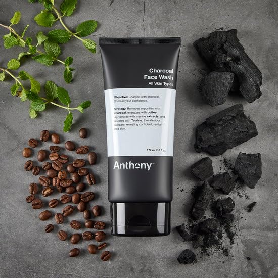Anthony Charcoal Face Wash for Men - 6 Fl Oz Detoxifying & Energizing Cleanser with Coffea Arabica, Taurine & Marine Extracts - Sulfate & Paraben-Free Skincare - Perfect for Daily Use & Post-Workout Refreshment