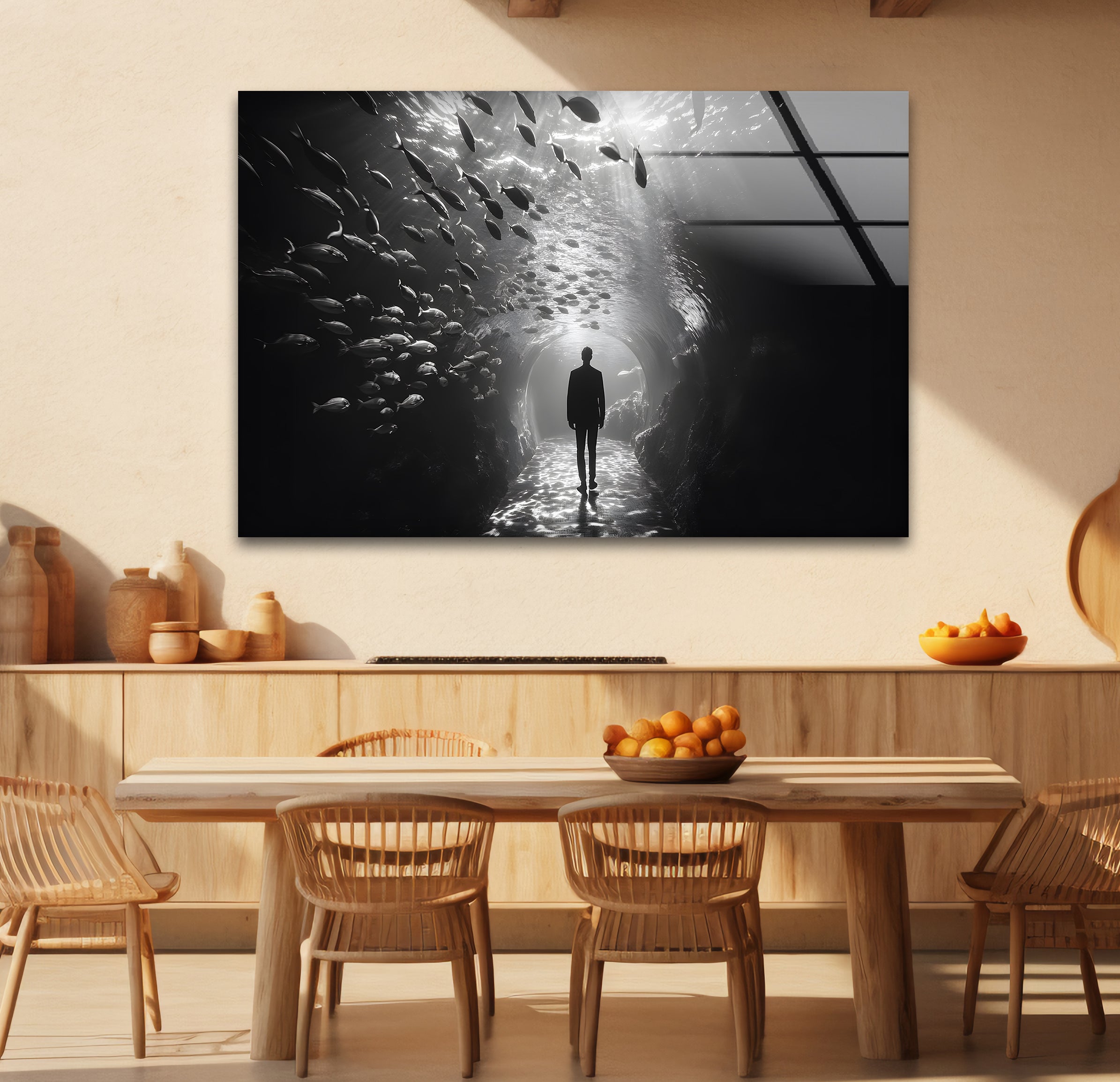 Black and White Aquarium Glass Wall Art - Modern Underwater Theme Decor for Living Room, Office & Bedroom