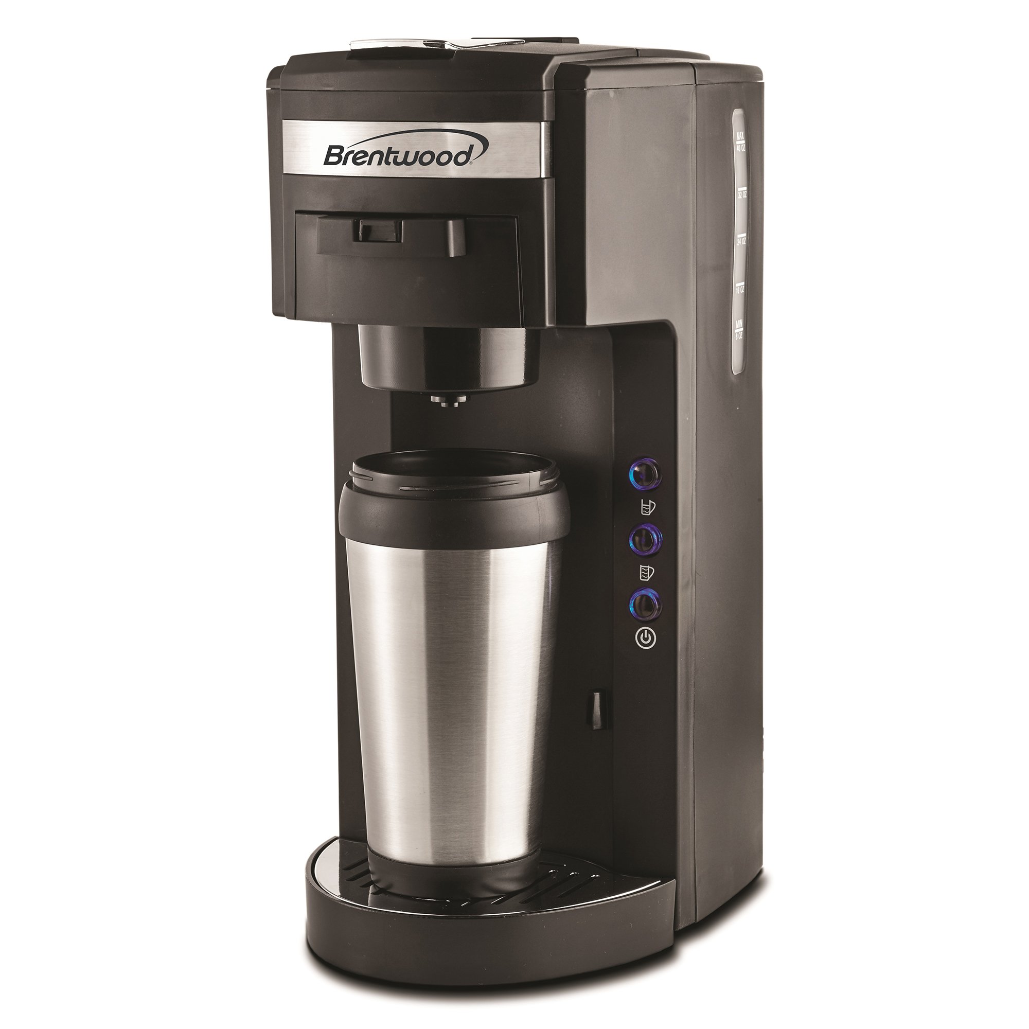 Brentwood Single Serve K-Cup Coffee Maker with Travel Mug - Compact Black Coffee Machine for Home & Office - Perfect for Quick Brewing, Travel, and Gifts