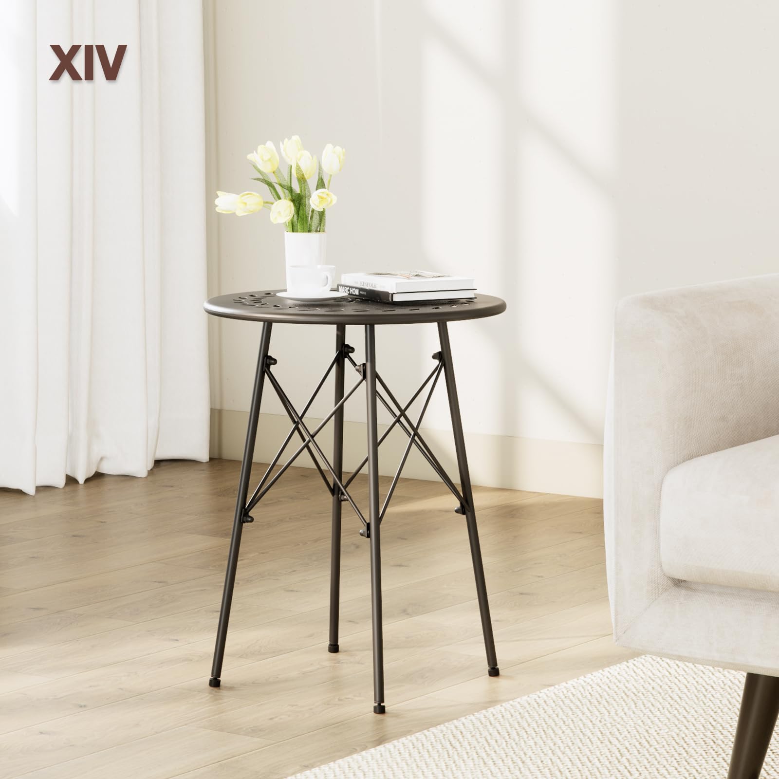 XIV Outdoor Side Table - Weatherproof Round Metal Patio Table for Garden, Balcony, Yard - Small Accent End Table for Outdoor Decor & Relaxation (Black)