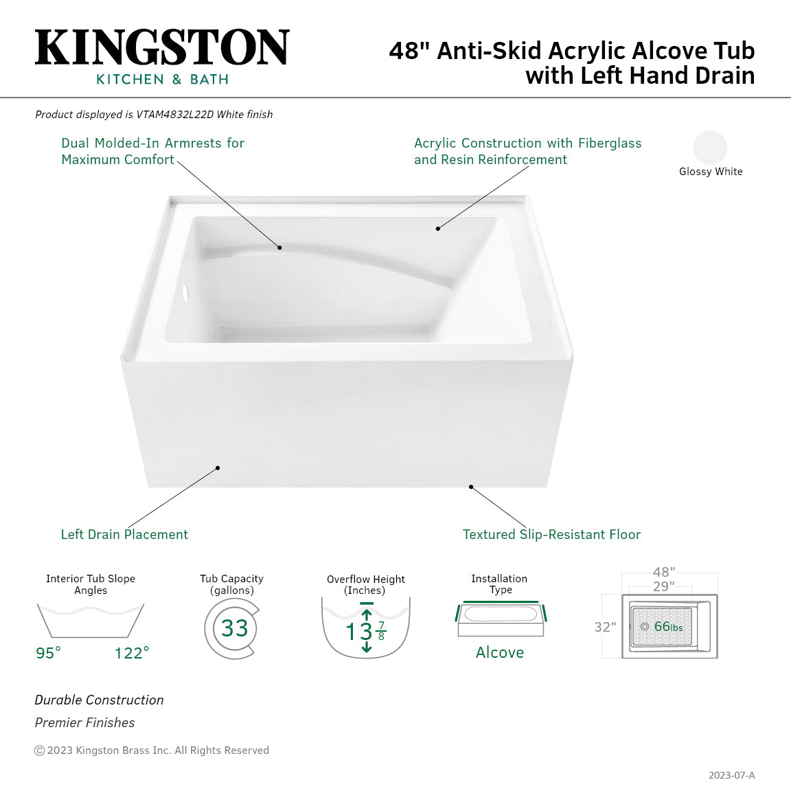 Aqua Eden 48 Inch Acrylic Rectangular 3-Wall Alcove Bathtub - Left Hand Drain, Anti-Skid Surface, Glossy White | Freestanding Soaking Tub for Small Bathrooms, Spa-Like Relaxation at Home